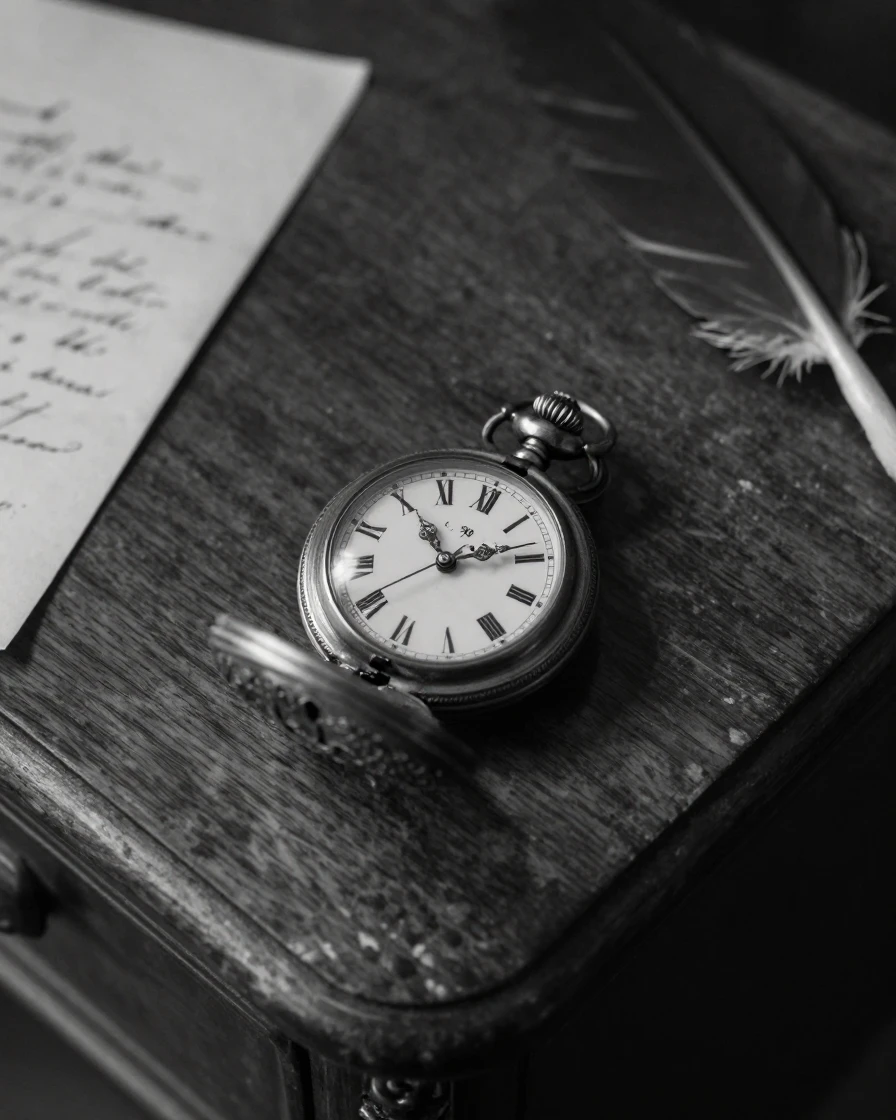 A vintage pocket watch ticks quietly with ornate golden hands atop an antique writing desk.
