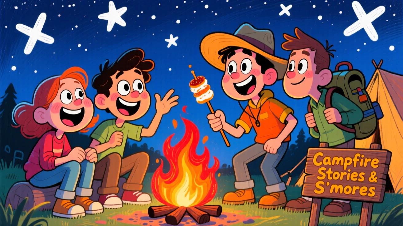 A group of friends camping under the stars, roasting marshmallows and telling stories.