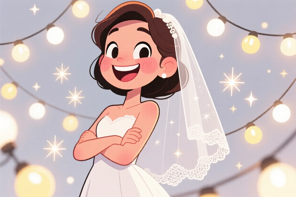 A charming portrait of a beaming bride, leaning back with arms crossed and a confident smile, surrounded by twinkling fairy lights.