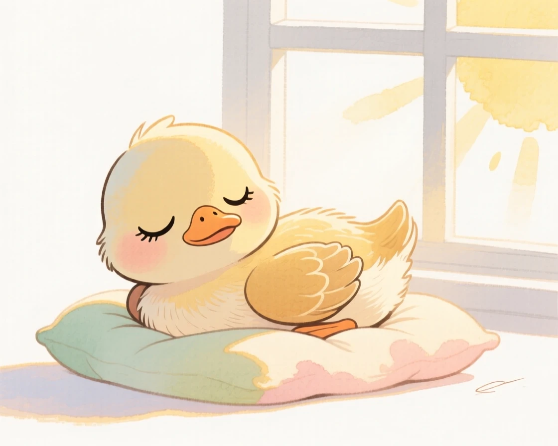 A duckling napping in a sunbeam by a window