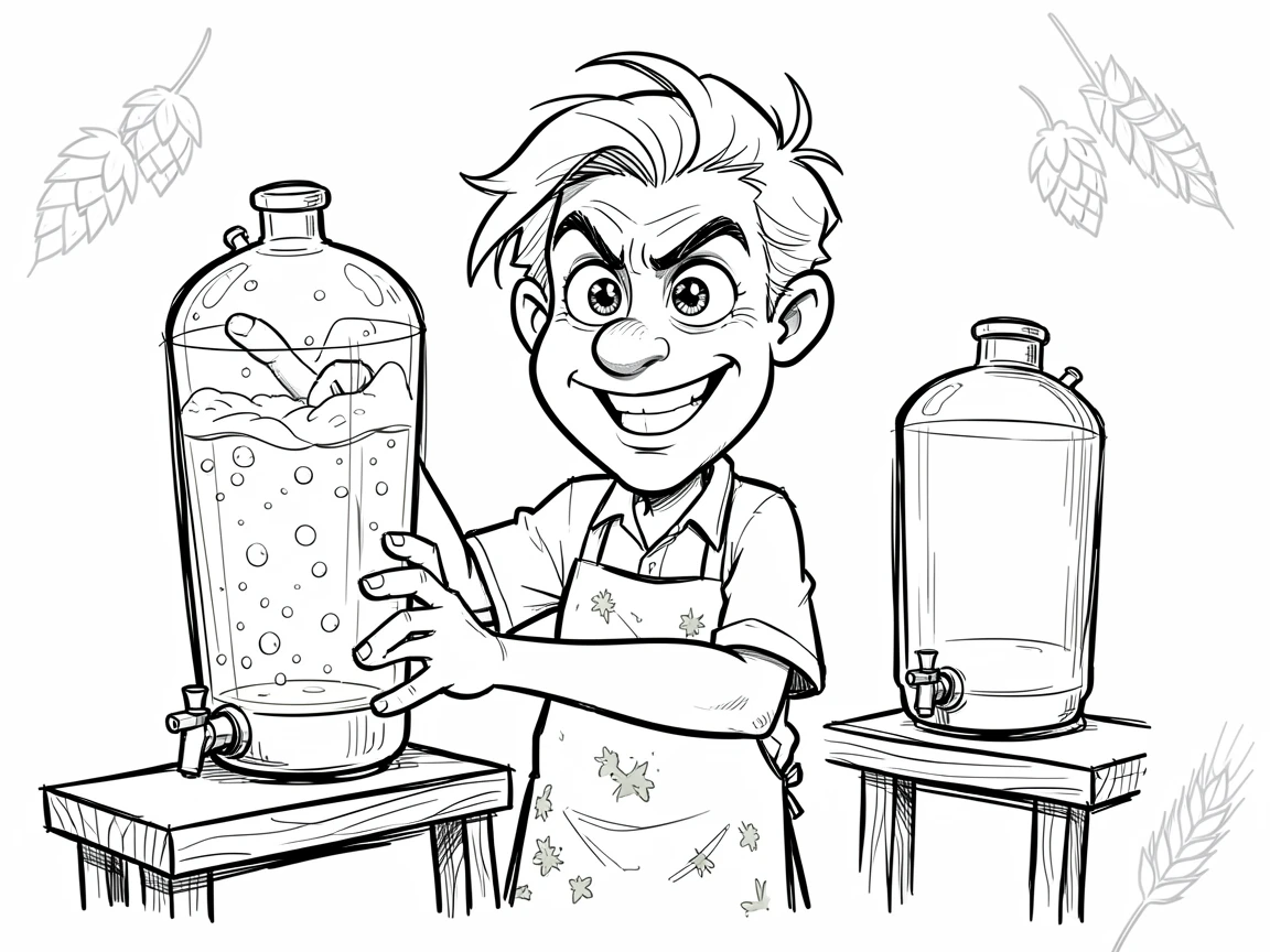 [Occupations & Hobbies] Detailed scene of a passionate home brewer checking bubbling beer in glass fermenters, showcasing skill and dedication