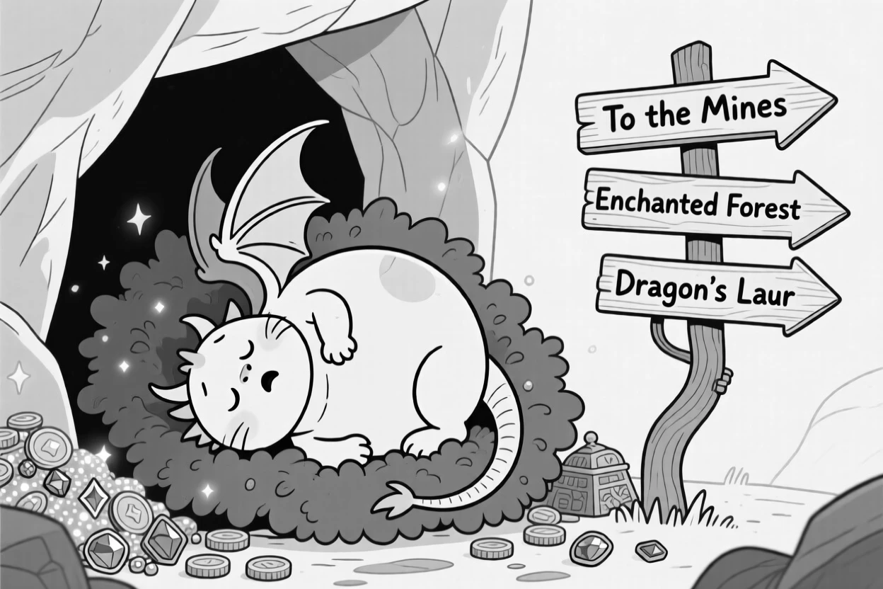 A round-bellied dragon curled up like a sleepy cat, flapping helplessly while stuck upside down in a bush, set in a cozy cave lined with glittering treasure. A crooked signpost points in three different directions. It's a whimsical moment that feels both magical and silly.