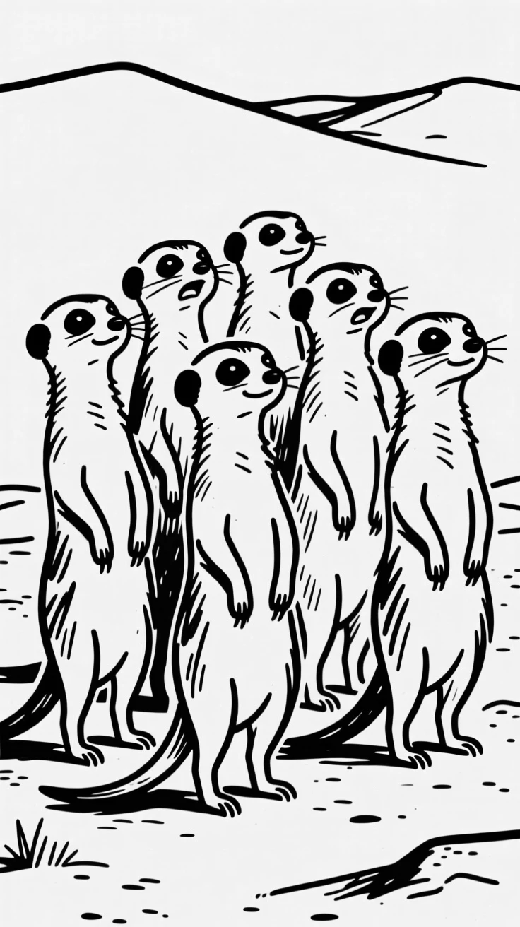 A colony of meerkats standing alert together on their hind legs in the desert.