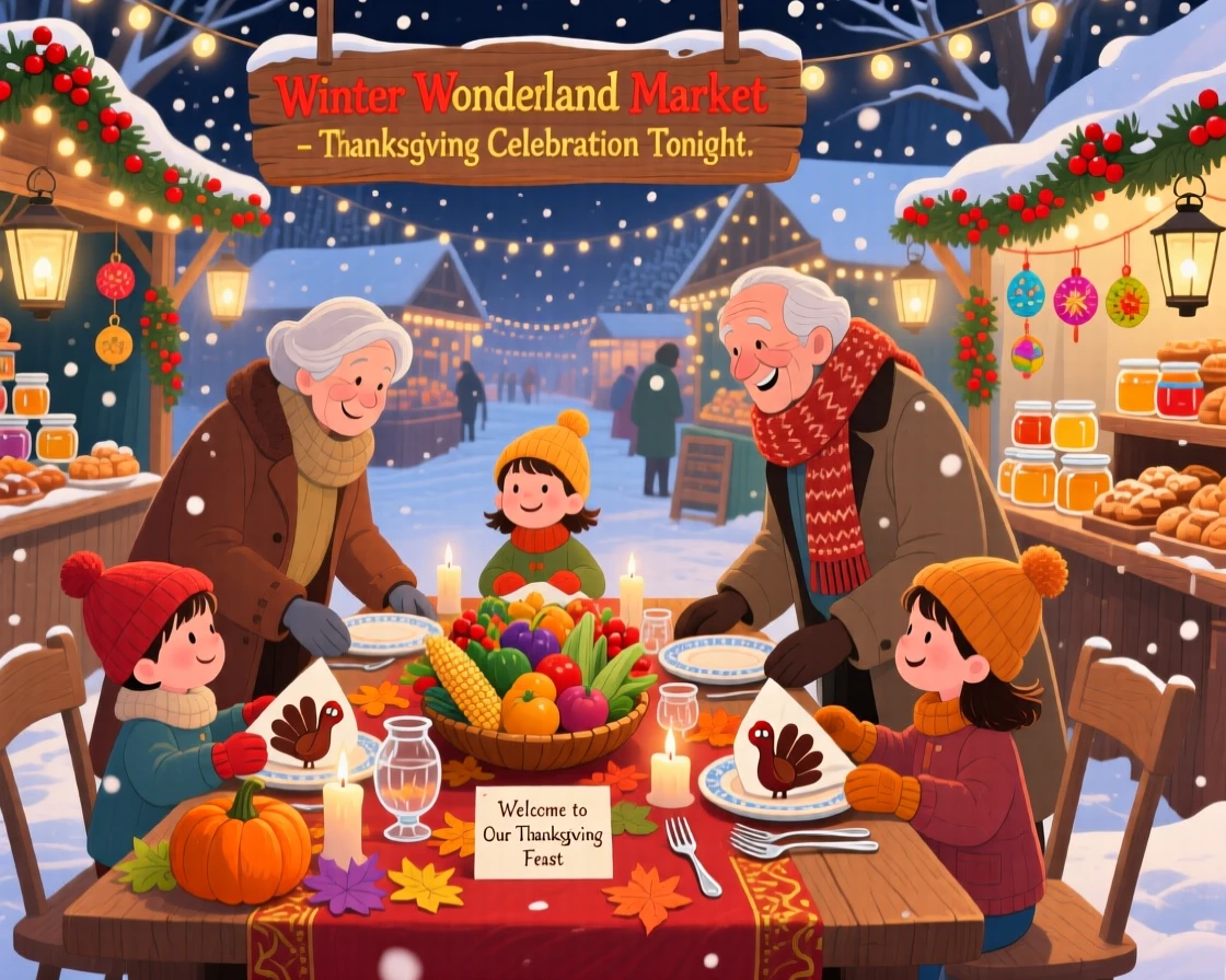 Grandparents and grandchildren spend the evening setting the table for a big Thanksgiving feast in a sparkling winter market, as snowflakes drift softly down.