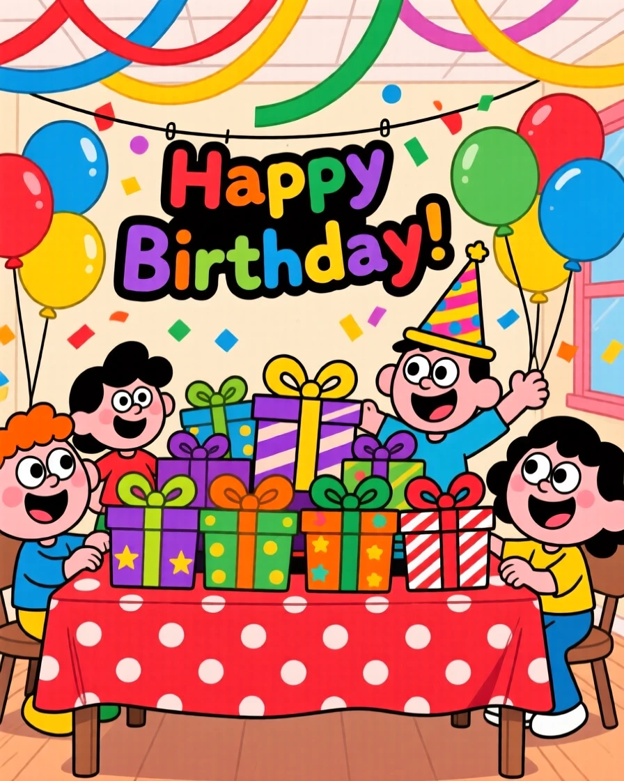 A birthday party with balloons, streamers, and a table full of gifts.