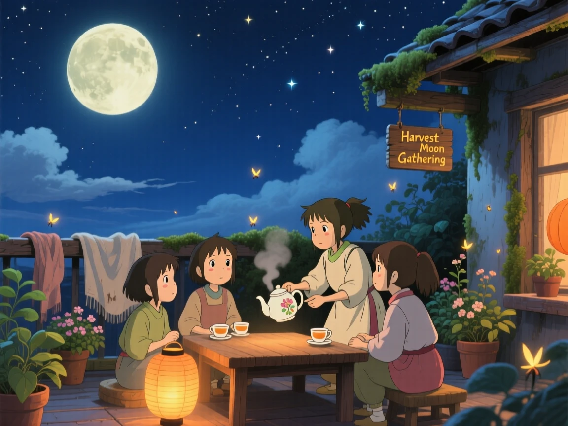A nighttime scene of a rooftop gathering under a full harvest moon, quietly enchanting.