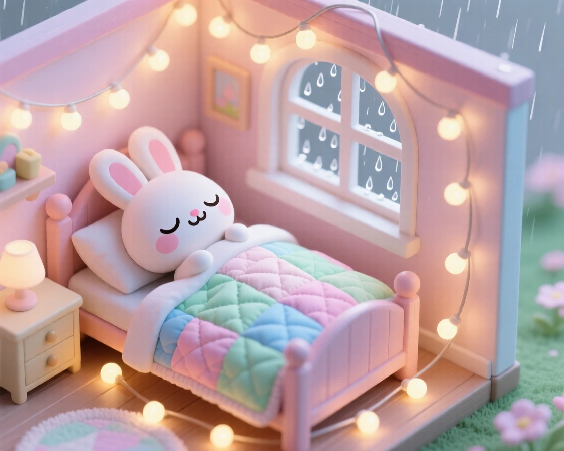 In a dollhouse-like bedroom, a sleepy bunny is tucked into a tiny quilted bed during a gentle spring rain shower, bathed in glowing string lights, expression full of delighted joy. Shot as a high aerial view.