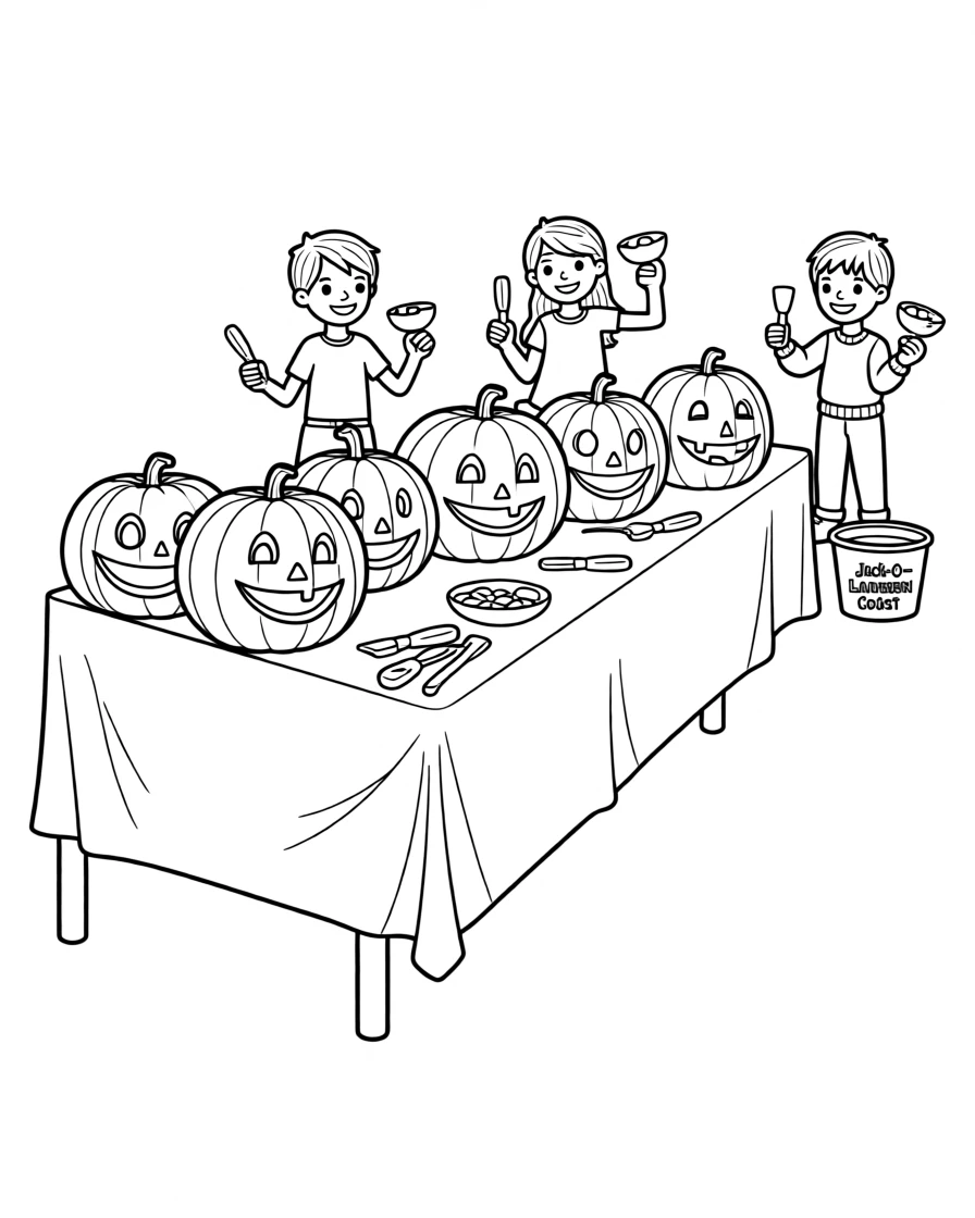 A pumpkin carving contest with jack-o'-lanterns lined up