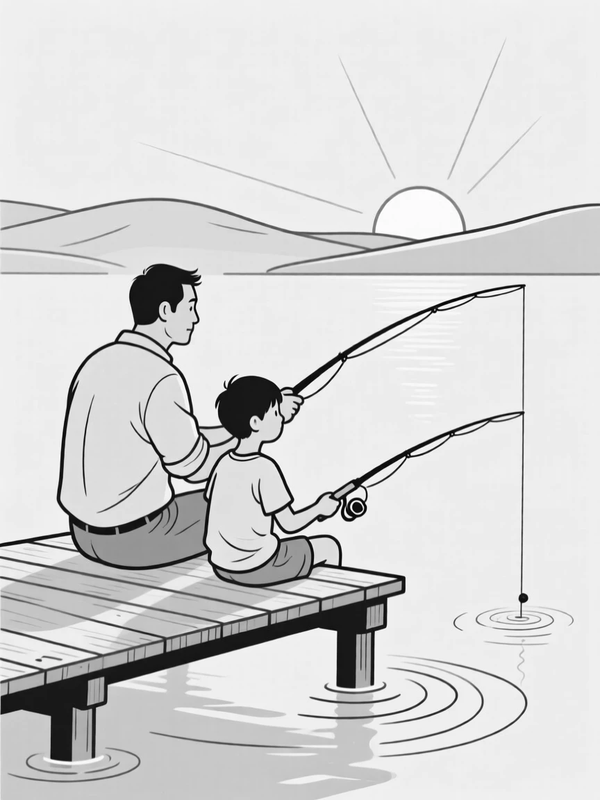 A father and son fishing together at sunrise