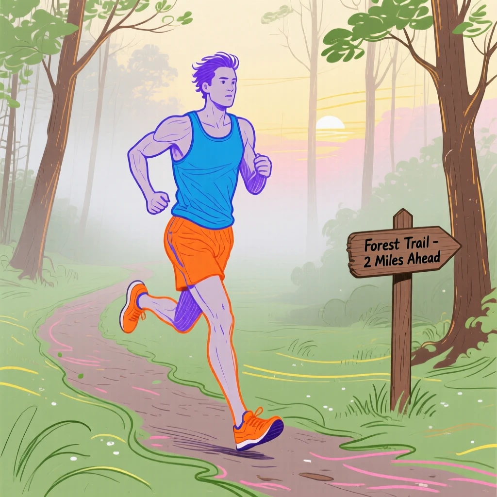 A runner jogging along a misty forest trail at dawn.