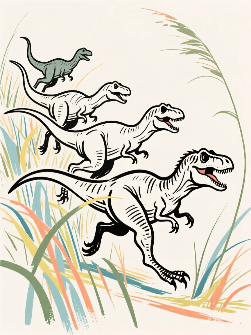 A pack of Velociraptors hunting together through tall prehistoric grass.