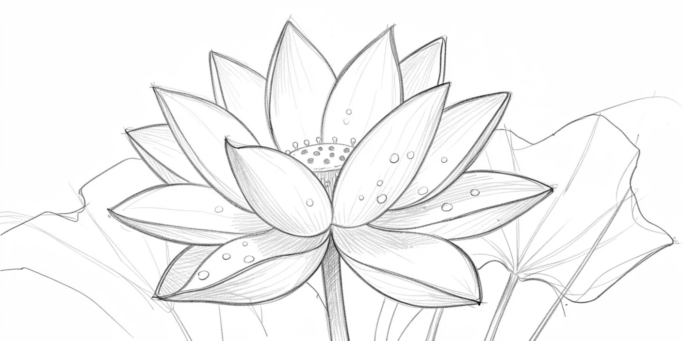 An elegant arrangement of a giant blooming lotus flower beneath a gentle morning dew, with sunlight filtering through translucent petals.