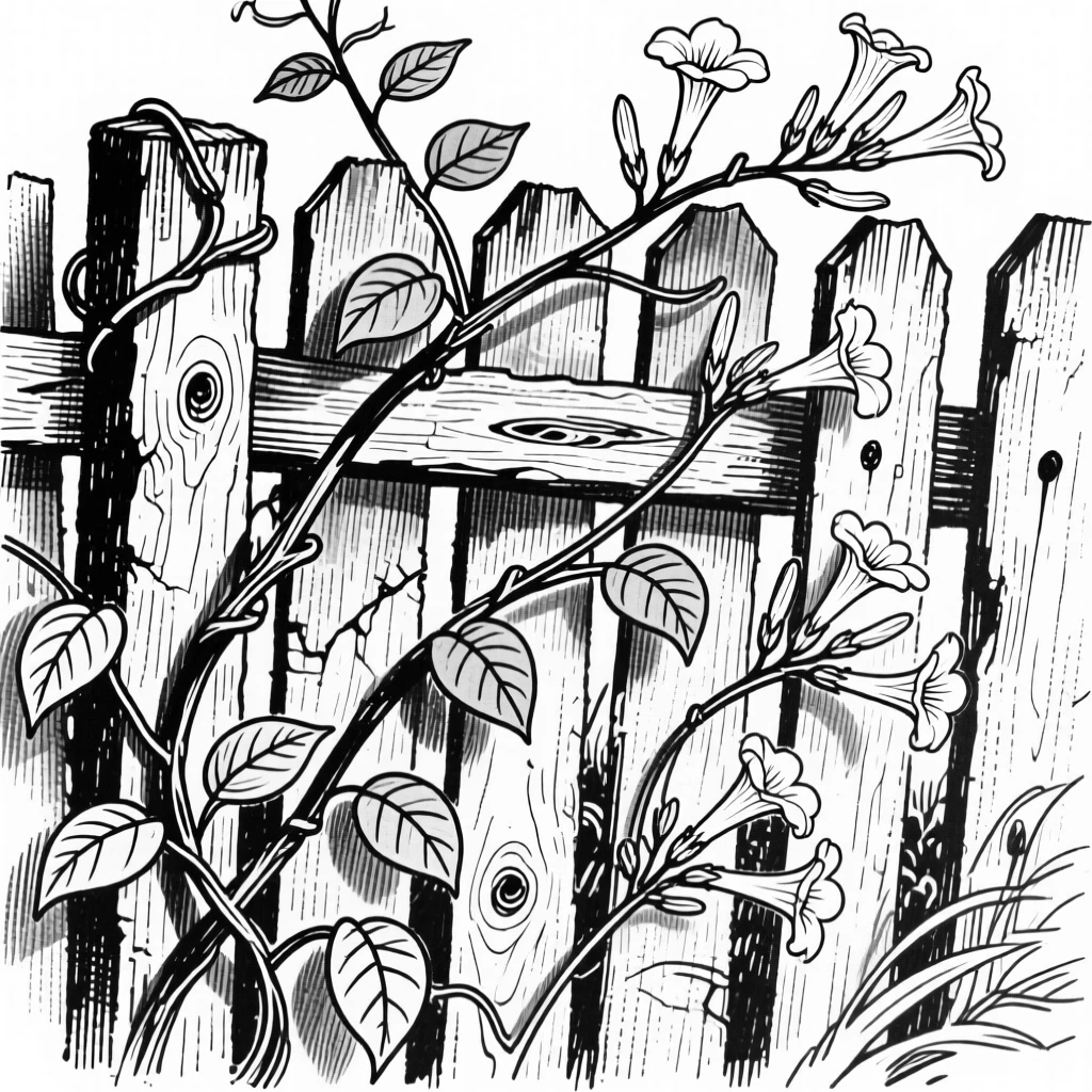 A vine of honeysuckle climbing a rustic garden fence.