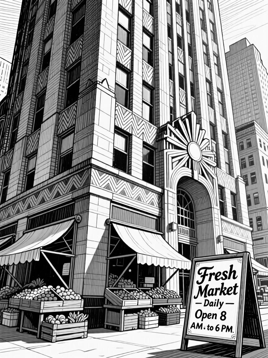 An art deco skyscraper facade bathed in soft afternoon light, featuring market stalls tucked into the corners, rendered in a quietly charming architectural composition.