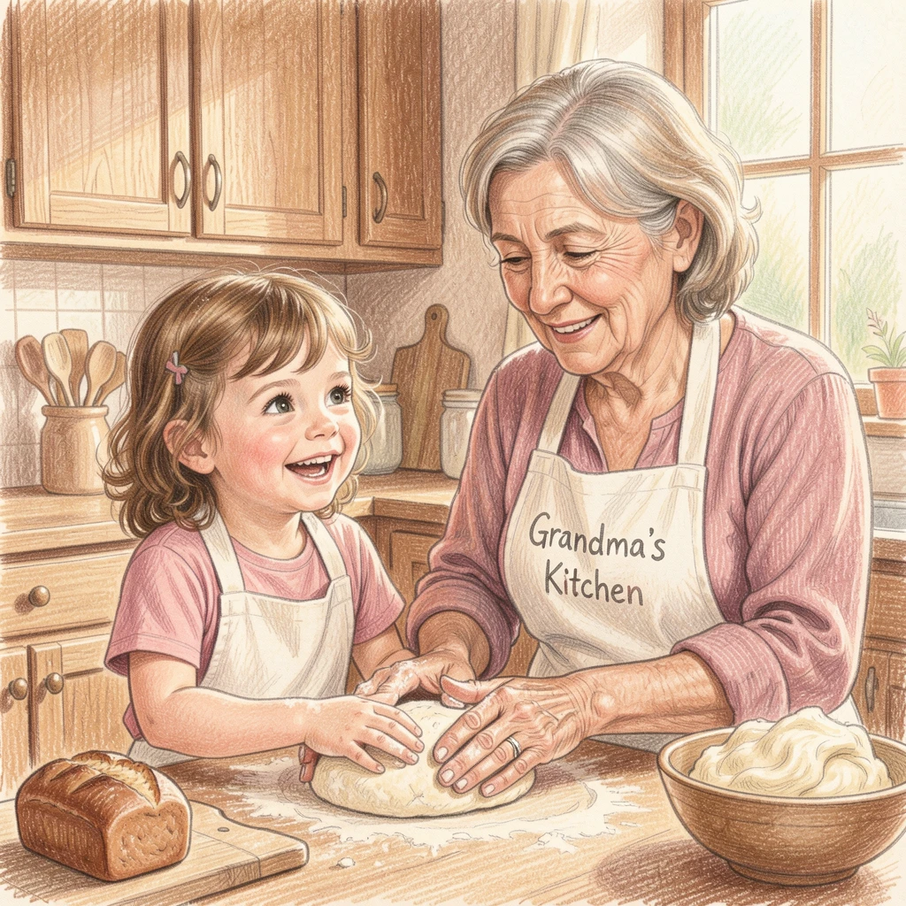 A grandmother teaching her granddaughter to bake bread, surrounded by a cozy, loving home environment, capturing the pure joy and innocence of childhood.