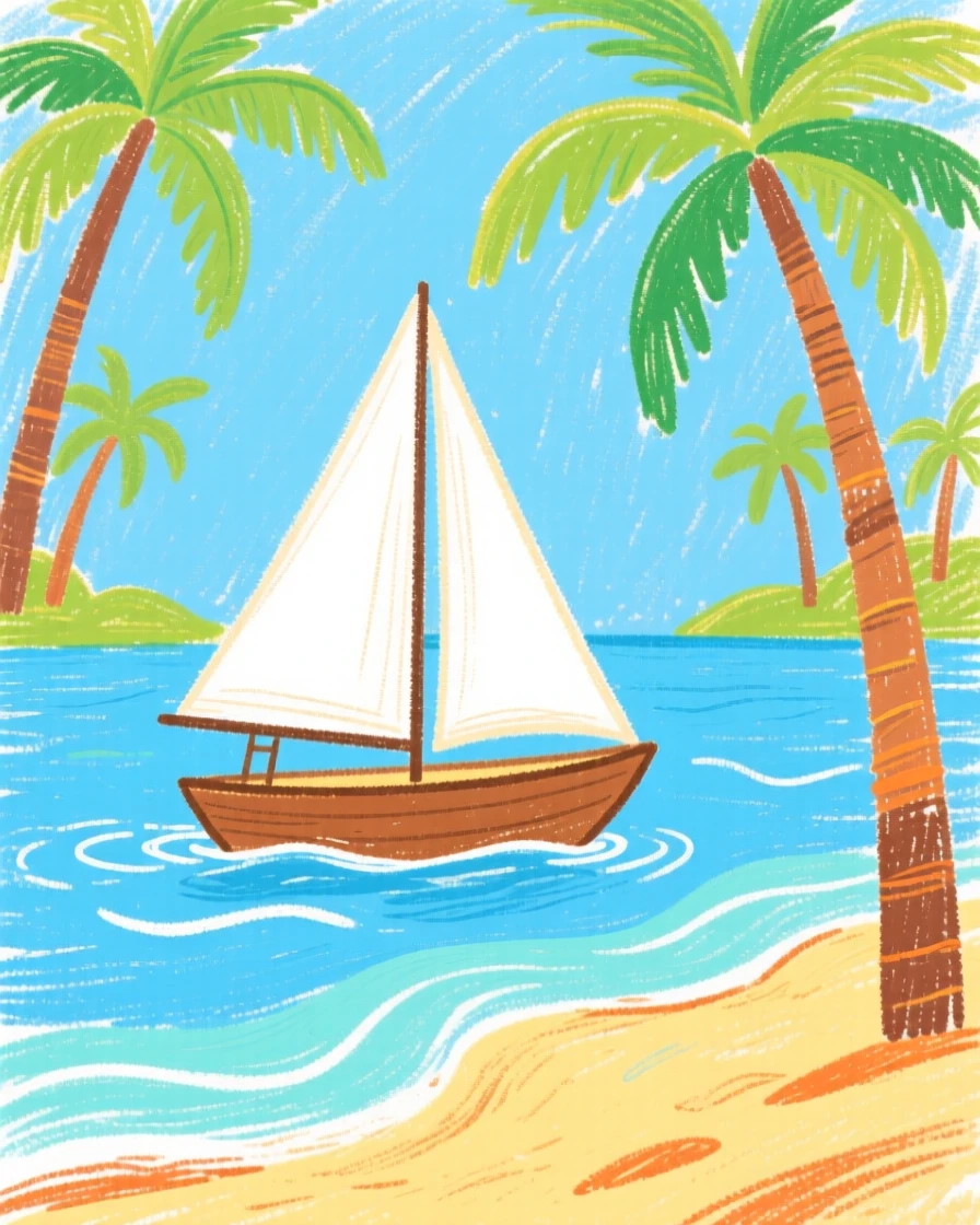 A single sailboat drifting near a palm fringed lagoon.