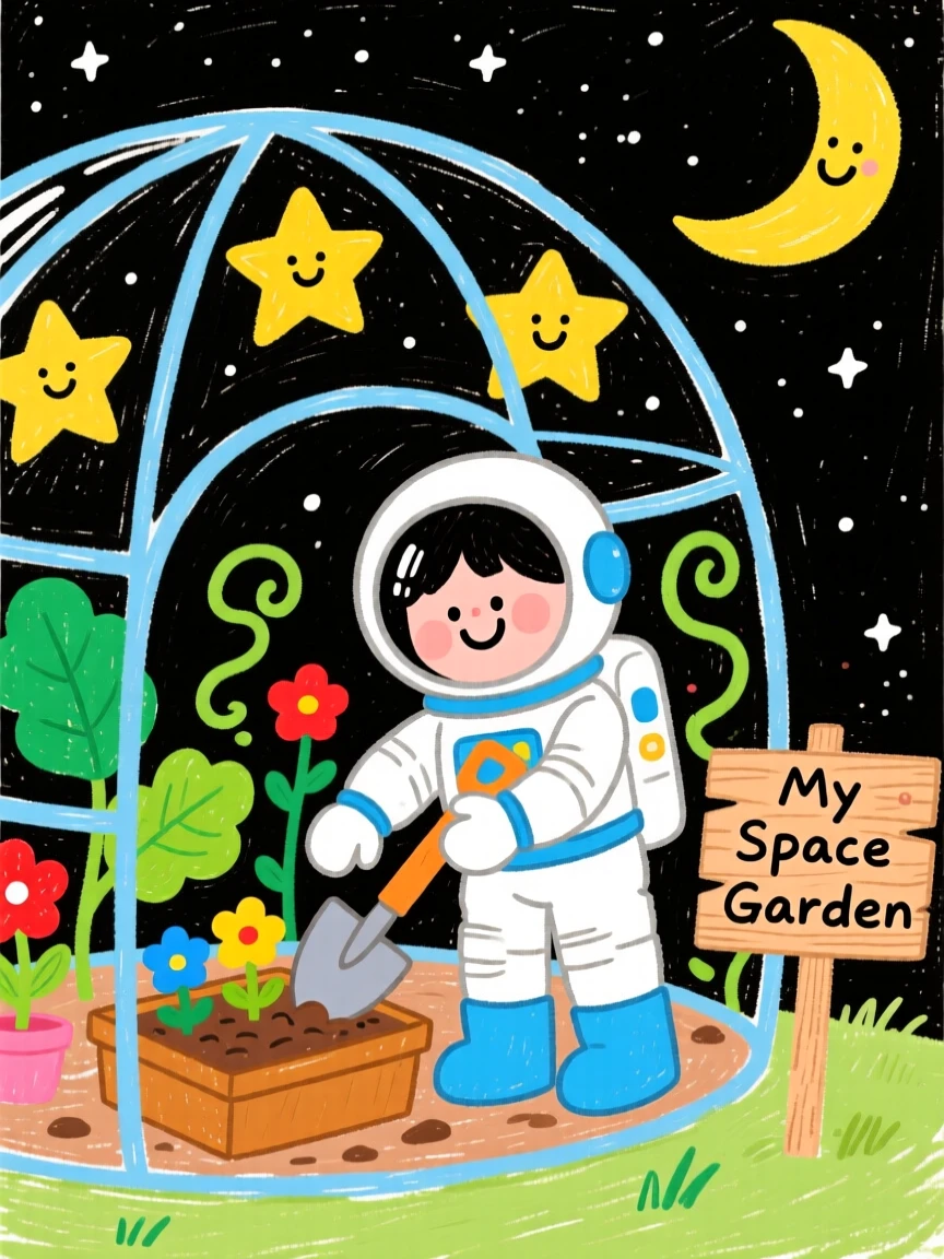 An astronaut planting a small garden inside a space greenhouse.