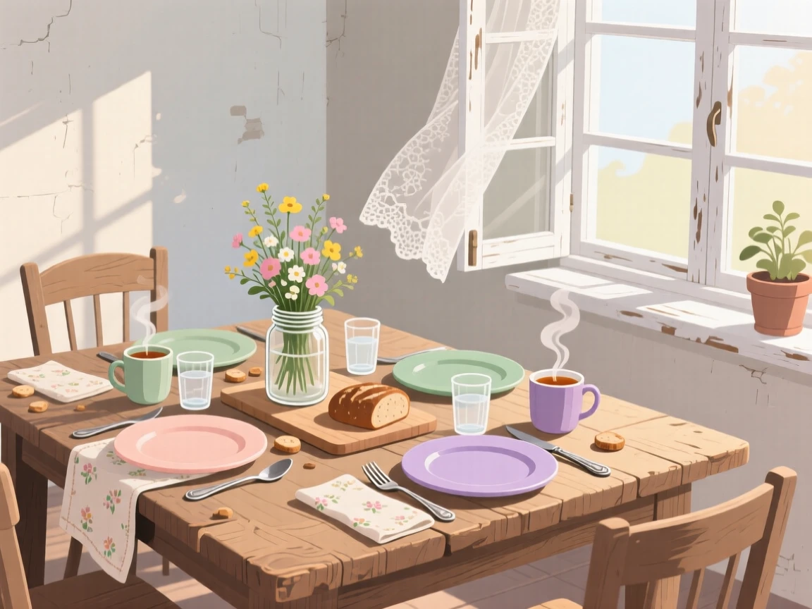A rustic dinner table set for a warm family gathering, placed near a large window with morning light streaming in, composed with a relaxed, candid feel, with gentle pastel tones evoking calm and comfort.