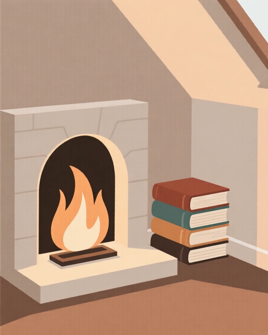 A morning scene of fireplace hearth resting in a cozy attic room beside a stack of favorite books, radiating homey warmth.
