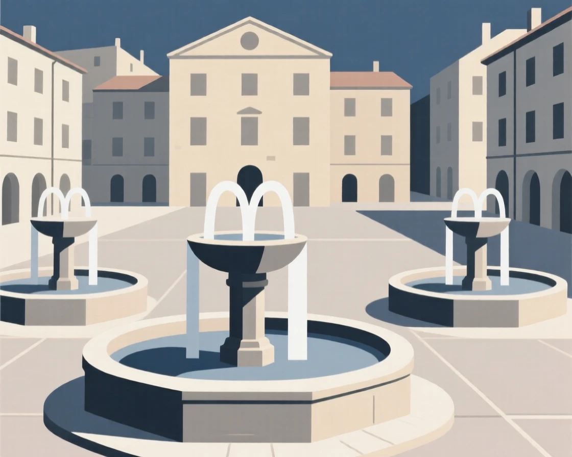 A historic city square with old fountains