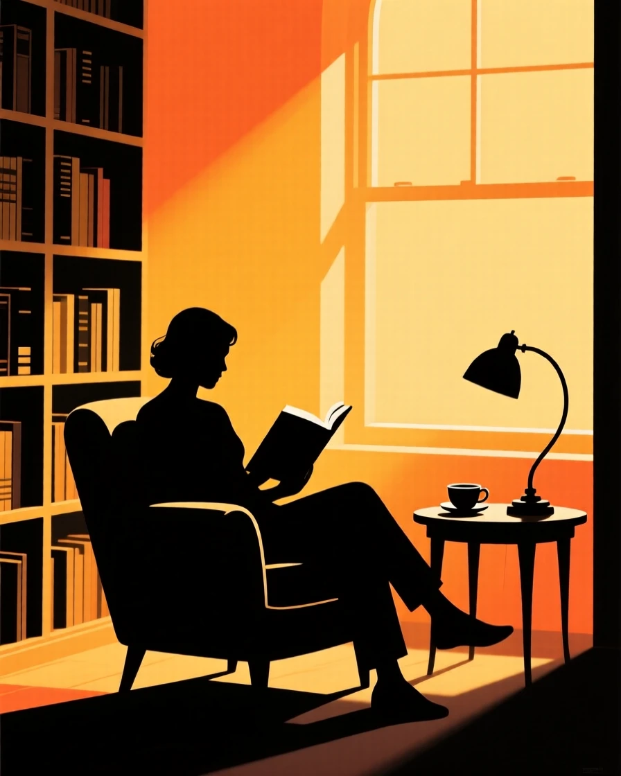 A quiet library reading nook bathed in warm afternoon light.