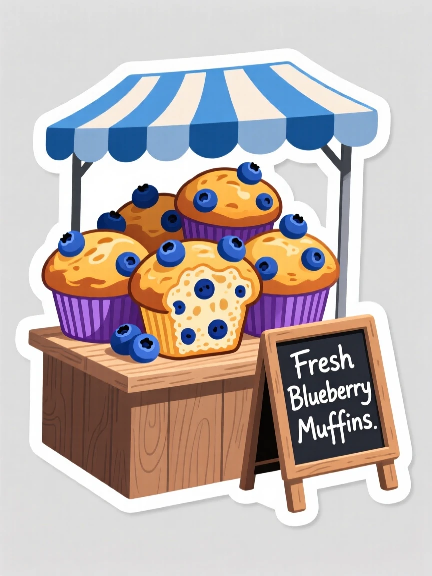 A colorful and vibrant cluster of blueberry muffins, with a bite already taken out of it, at an outdoor market stall.