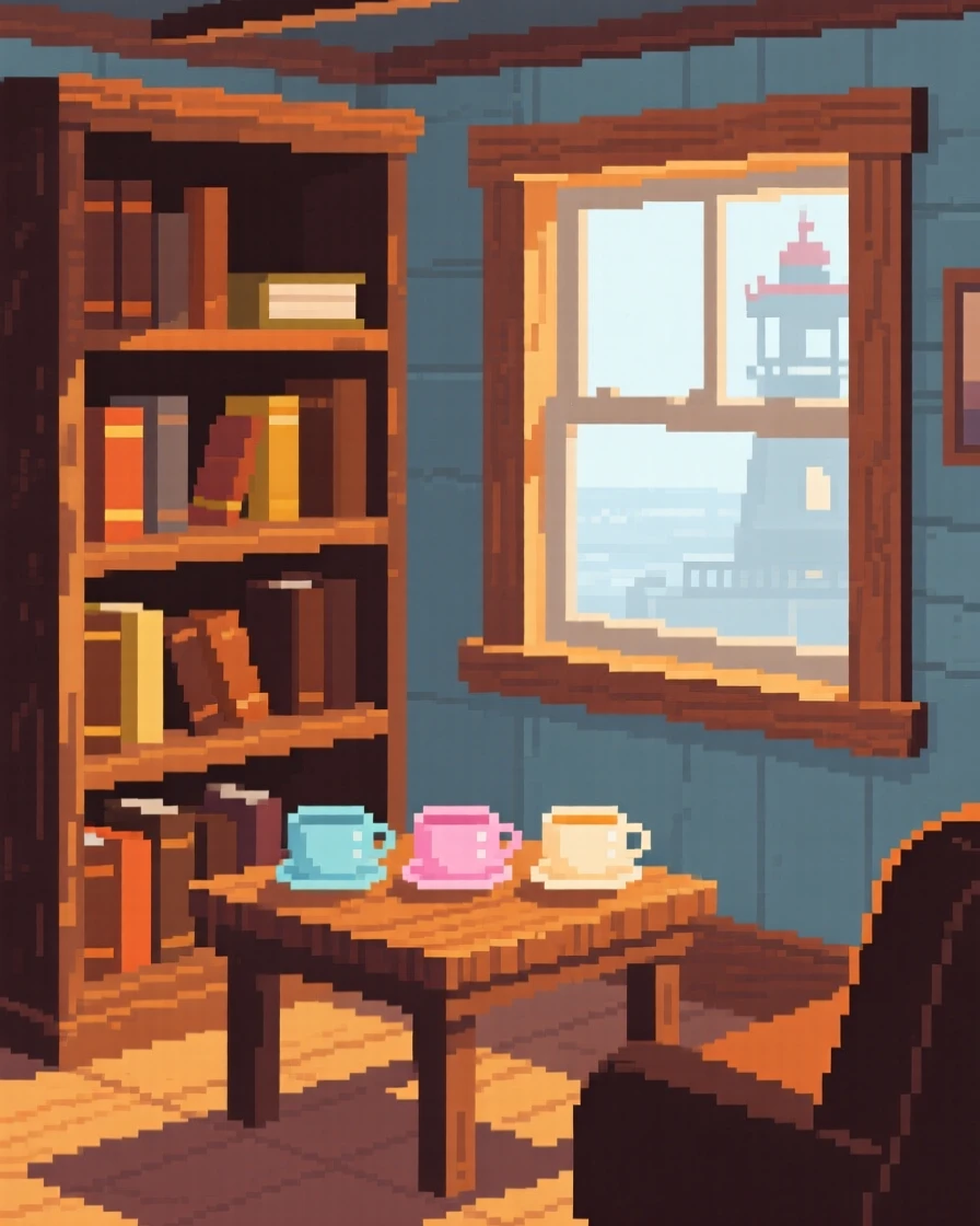 A cozy library alcove arranged with teacups and a fogged-up window, within a lighthouse keeper's living room.