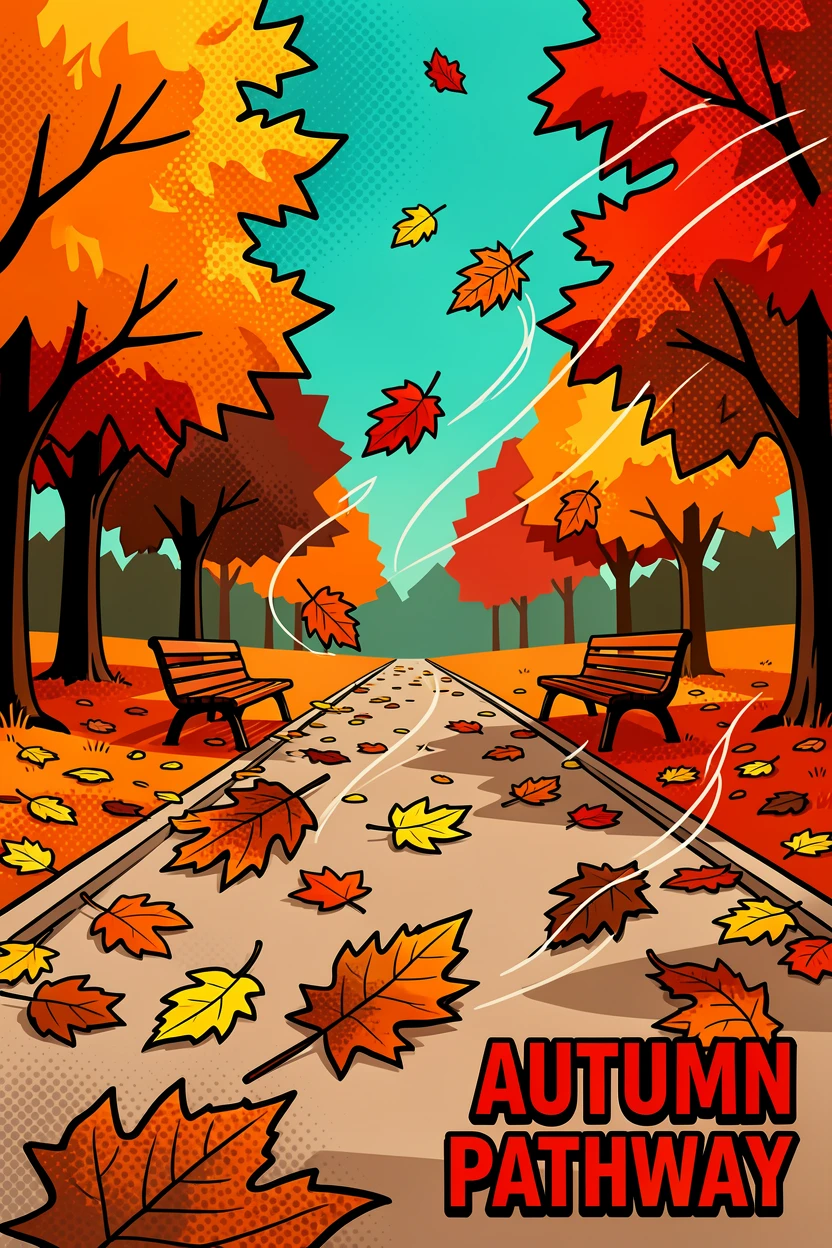 A late-day autumn park path scattered with fallen leaves