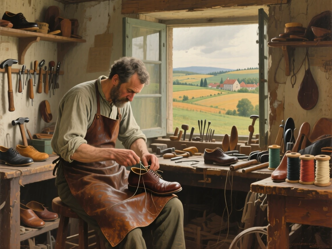 A panoramic view of a cobbler repairing shoes in a cluttered workshop lined with tools, in the French countryside, in the 1930s.