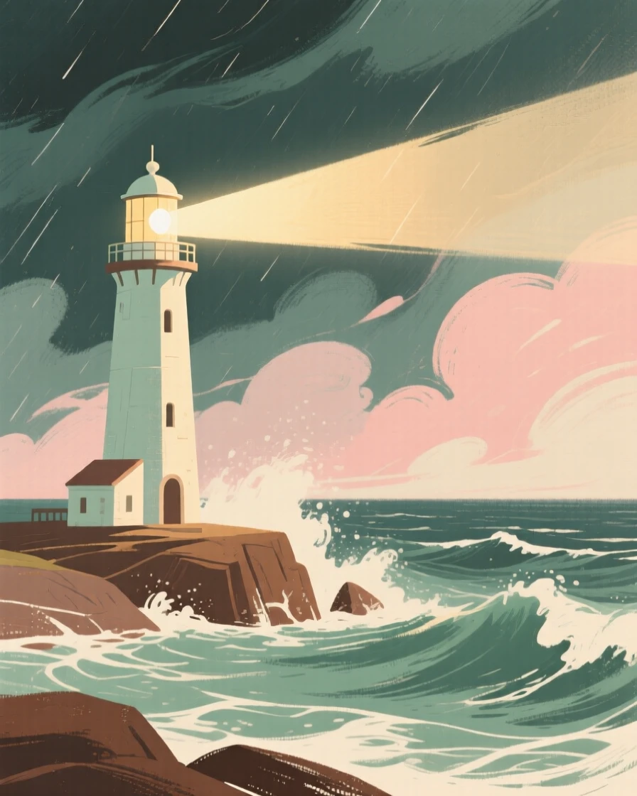 A lighthouse beam sweeping across a stormy night sea