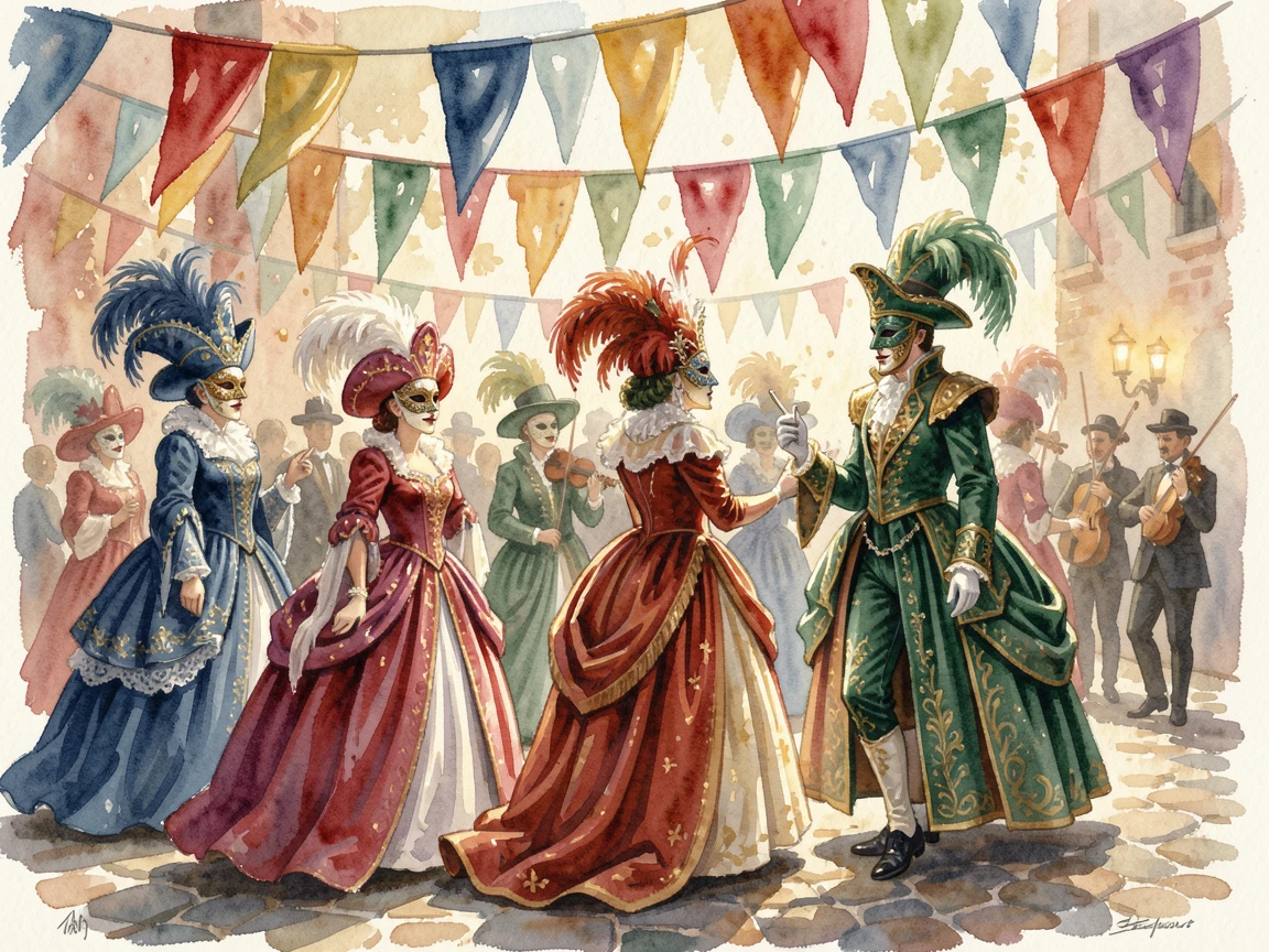 A Venetian masquerade ball with elaborate costumes under strings of colorful festival flags.