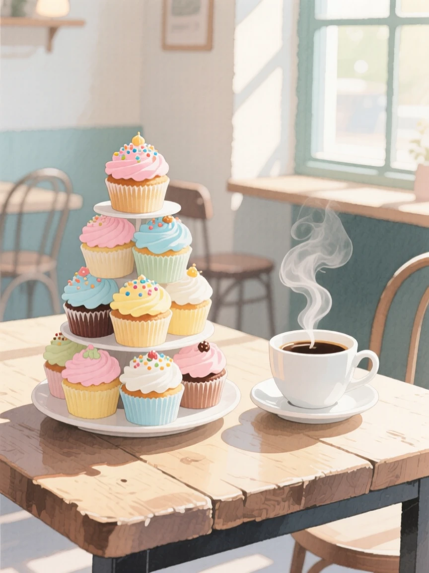 A tower of cupcakes sits next to a steaming cup of coffee in a sunlit café, arranged beautifully for a delightful meal