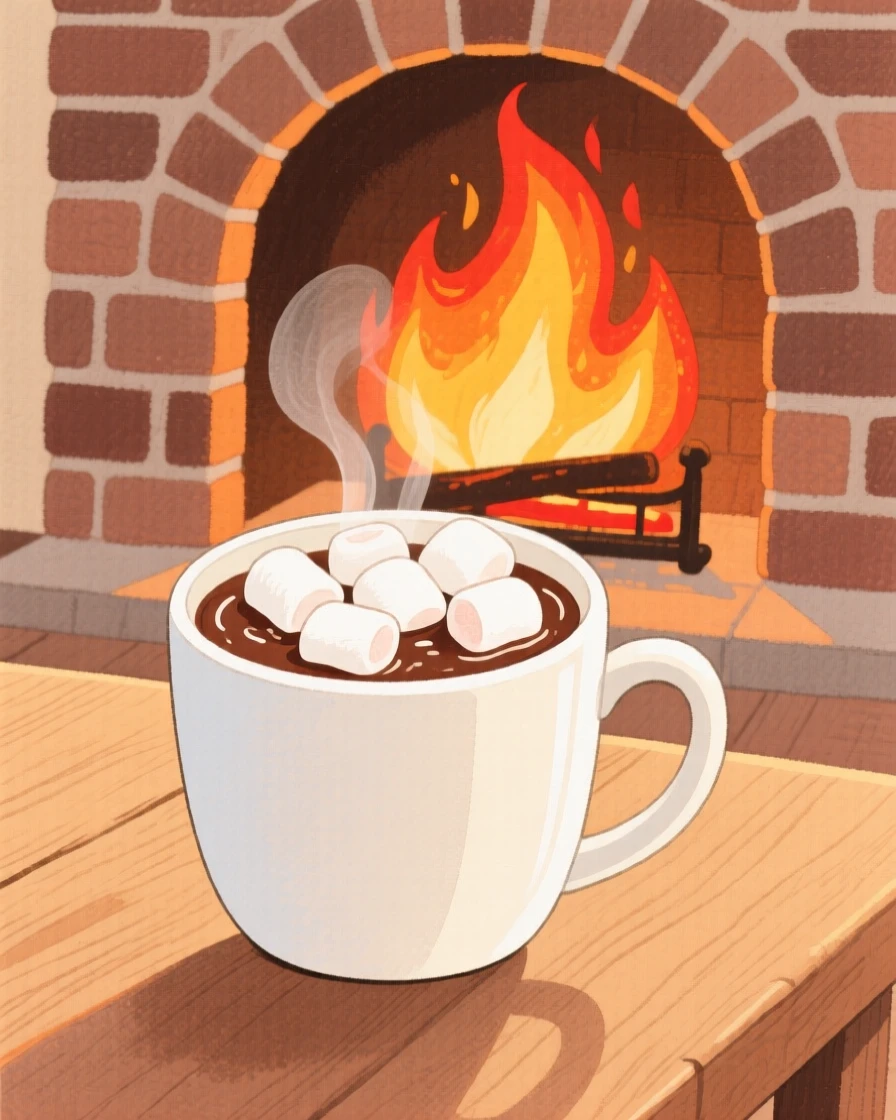 A delightful still life of a hot chocolate topped with marshmallows by a fireplace.