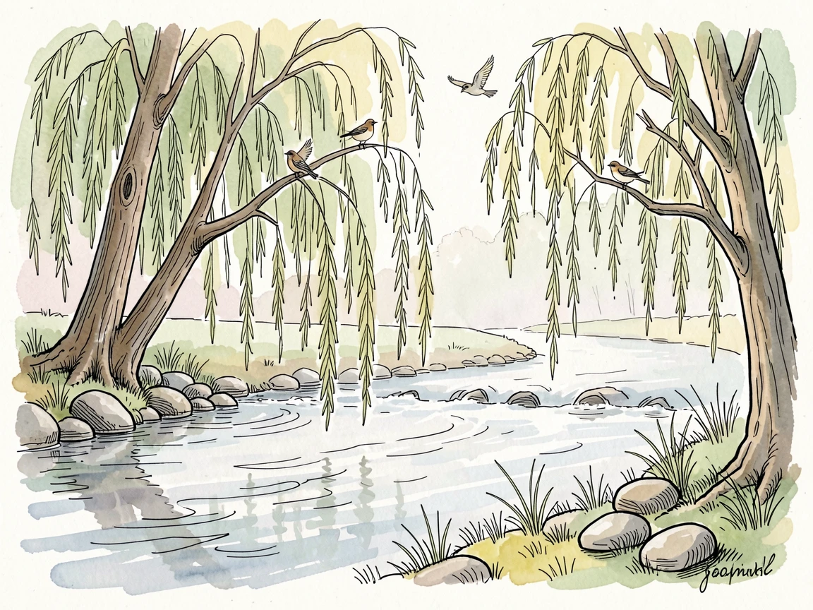A quiet riverbank lined with weeping willows trailing into the current, birdsong drifting through the stillness of early morning.