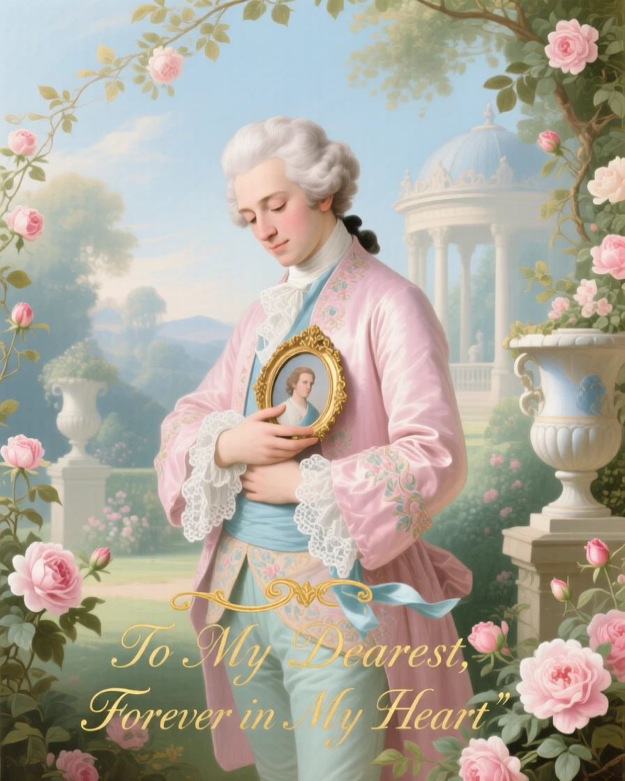 A gentleman holding a small portrait miniature close to his heart  