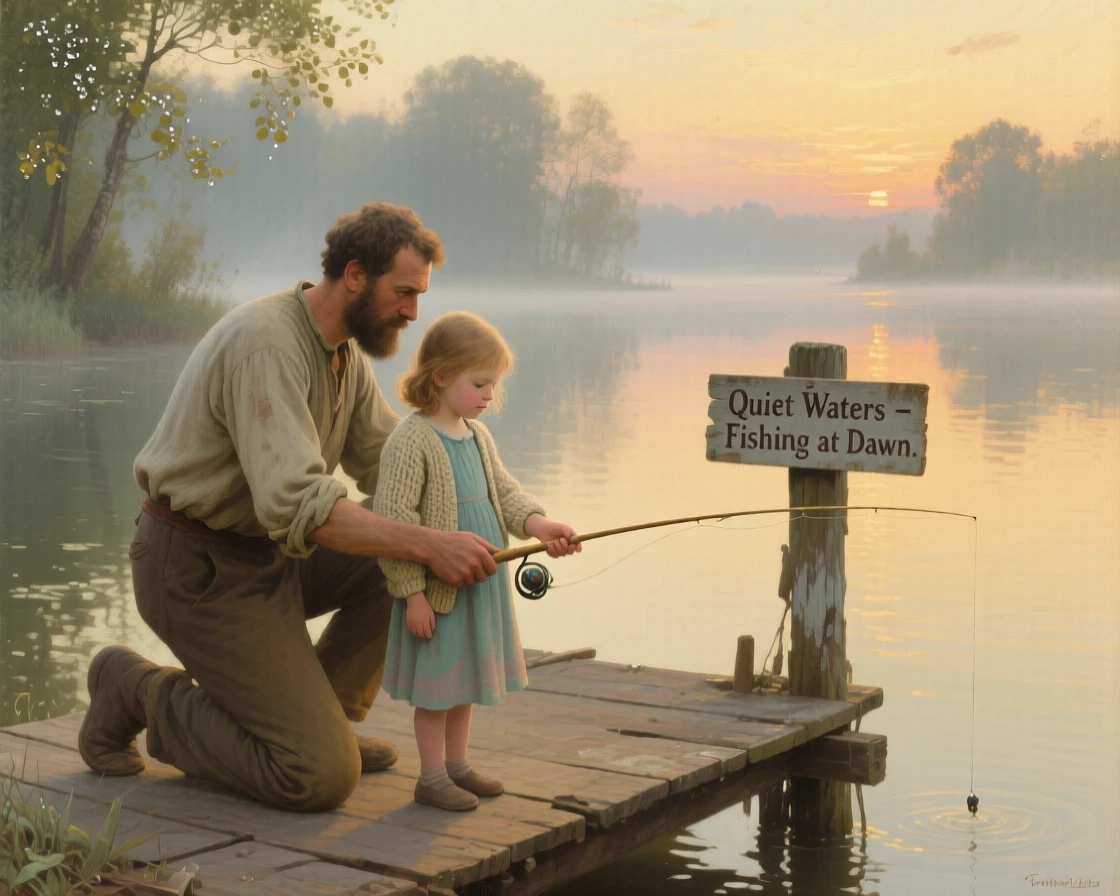 A father teaching his daughter to fish from a quiet dock at sunrise, captured in a candid, unposed moment of togetherness, offering a heartwarming glimpse into ordinary, meaningful moments