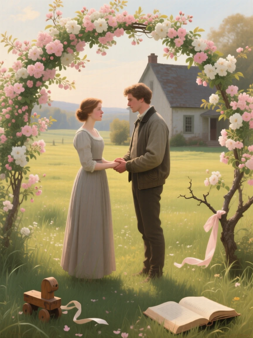 A young couple exchanging vows beneath a blossoming arch as laughter and love fill an otherwise ordinary afternoon, set within a sunlit meadow just beyond a quiet farmhouse, with toys, ribbons, or a forgotten book scattered nearby; the composition draws the eye naturally to interlocked hands or shared eye contact, capturing a fleeting moment worth holding onto forever.