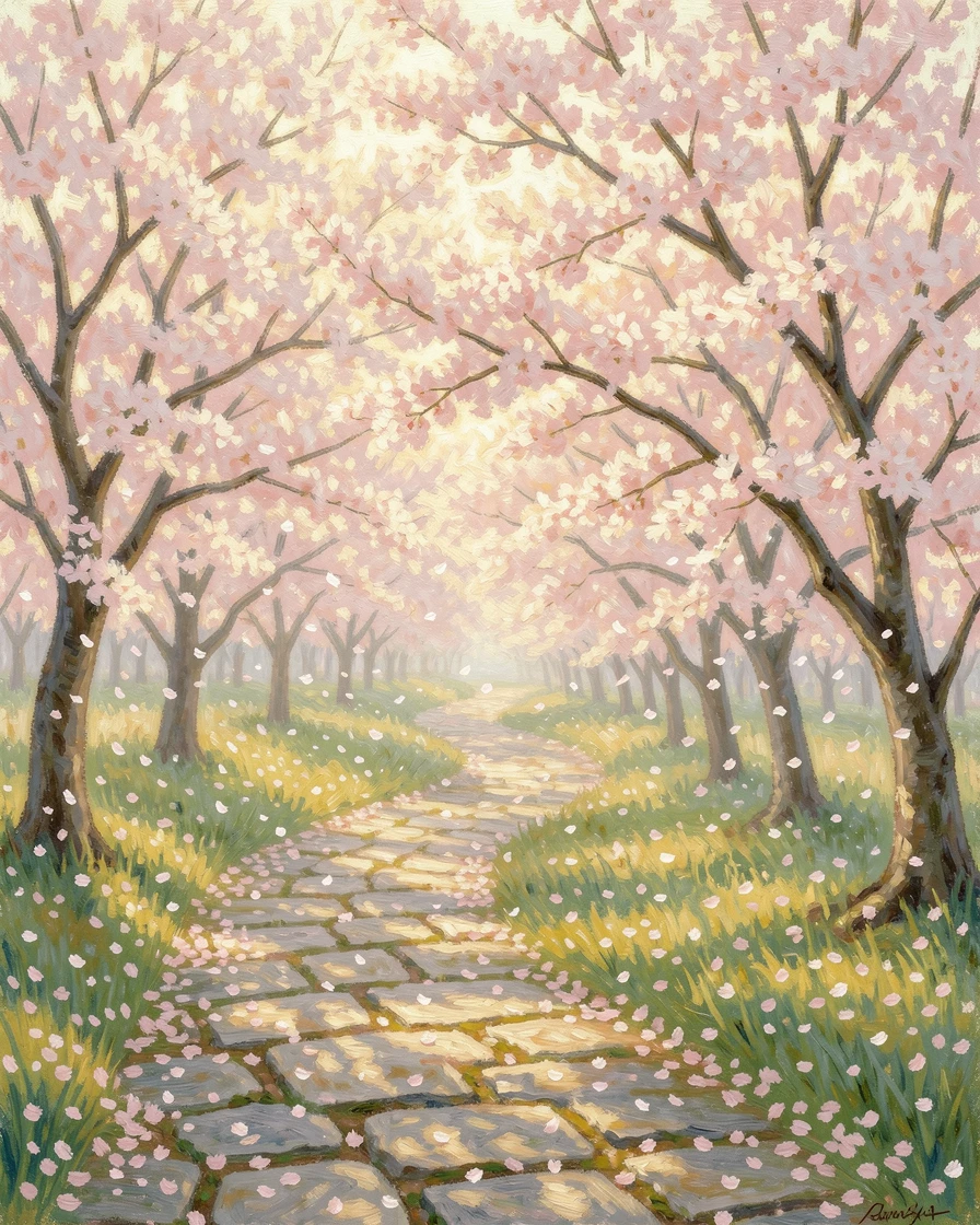 A field of cherry blossoms in full bloom, petals drifting like snow onto a stone garden path.