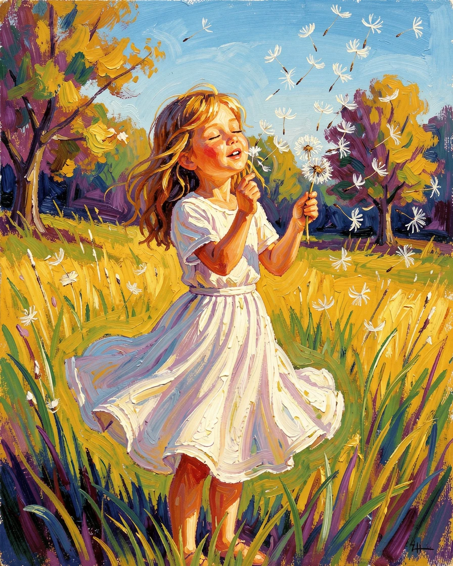 A young girl blowing dandelion seeds into the wind, eyes closed in delight.