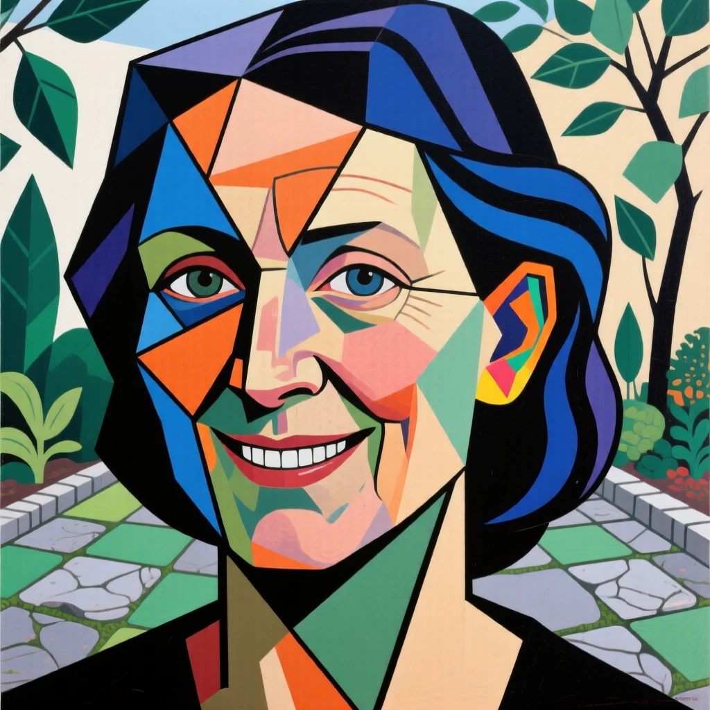 A close-up portrait of a middle-aged woman of Scandinavian heritage, beaming with triumph, in a quiet garden courtyard.