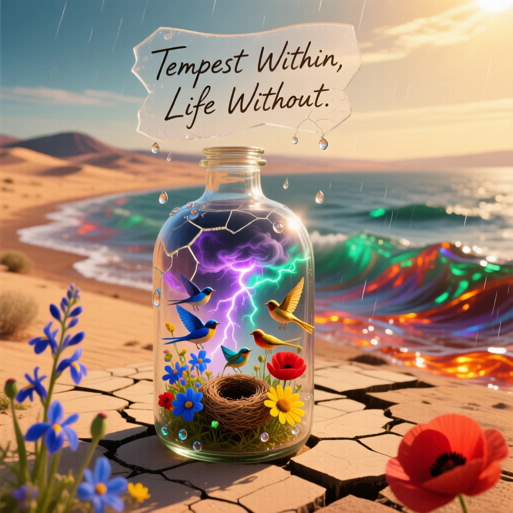 An enormous glass bottle containing a miniature swirling storm stands quietly as tiny birds nest inside its curves, while wildflowers push up through cracks along its surface.