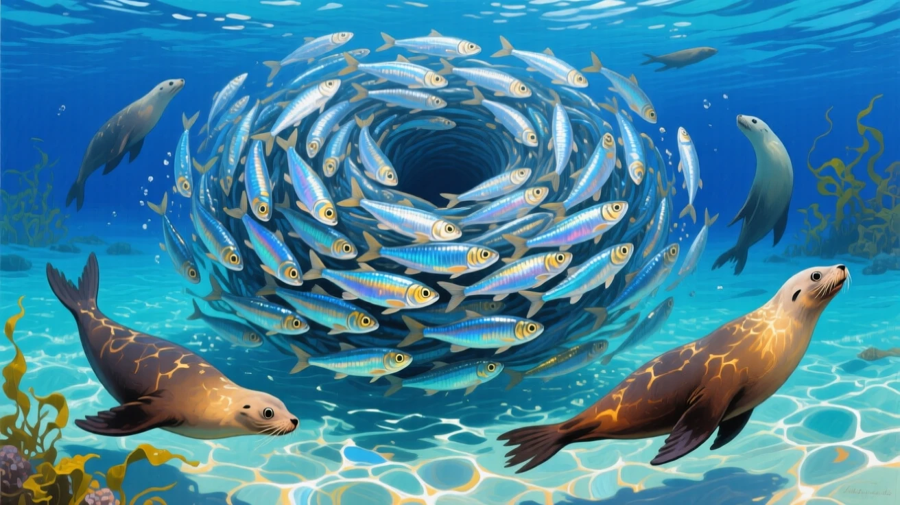 A massive school of sardines forms a shimmering bait ball near the surface, sea lions darting through the silver mass in a feeding frenzy, its posture alert yet relaxed, fully at ease within its natural surroundings.
