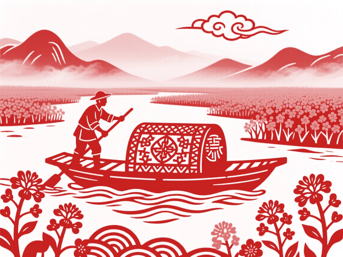 A composition of a boatman poling his raft through fields of blooming rapeseed, distant peaks fading into layers of mist.