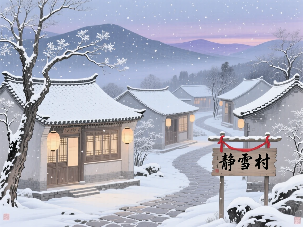 A quiet snowfall settling over a sleeping village at dusk
