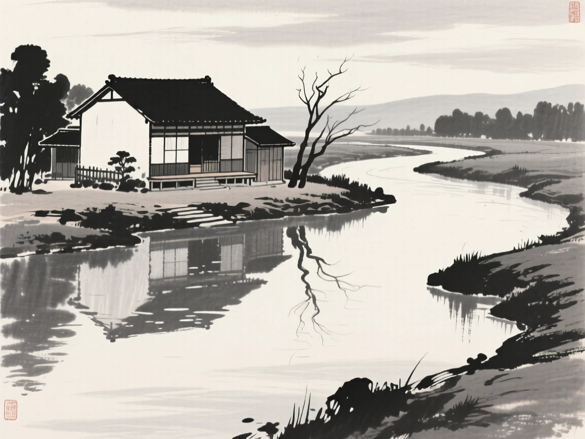 A traditional courtyard house beside a quiet, meandering river, seen from across still water, reflected on the surface, capturing a serene blend of nature and human presence.