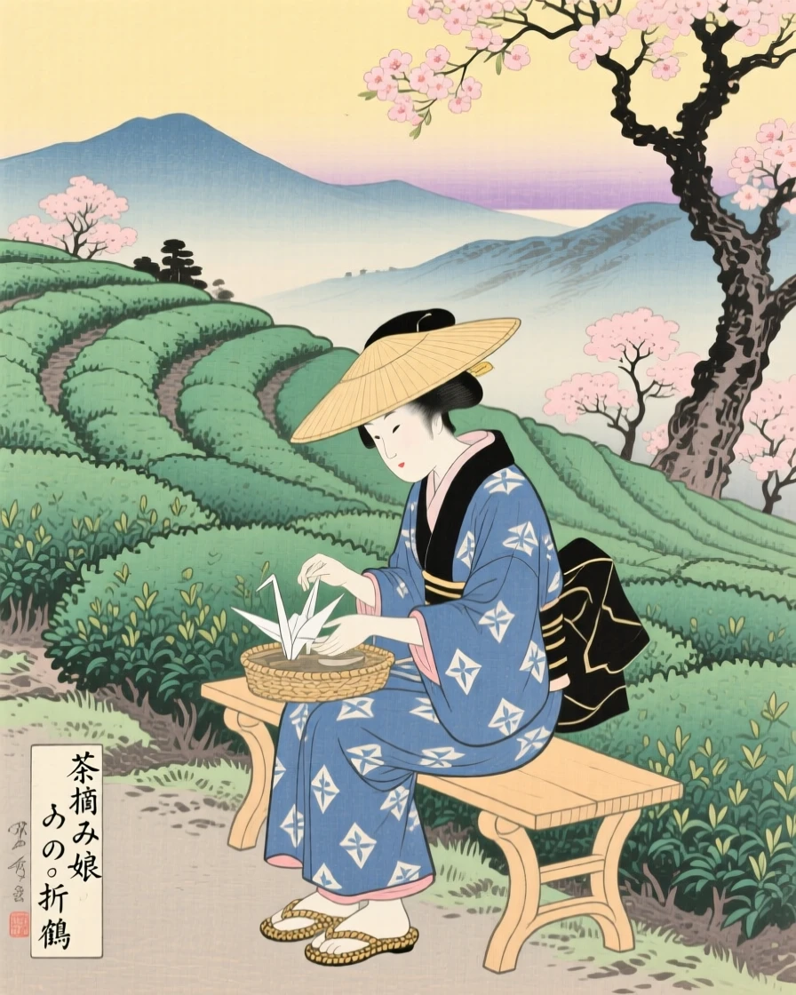 A tea picker on a hillside plantation folding a delicate paper crane.