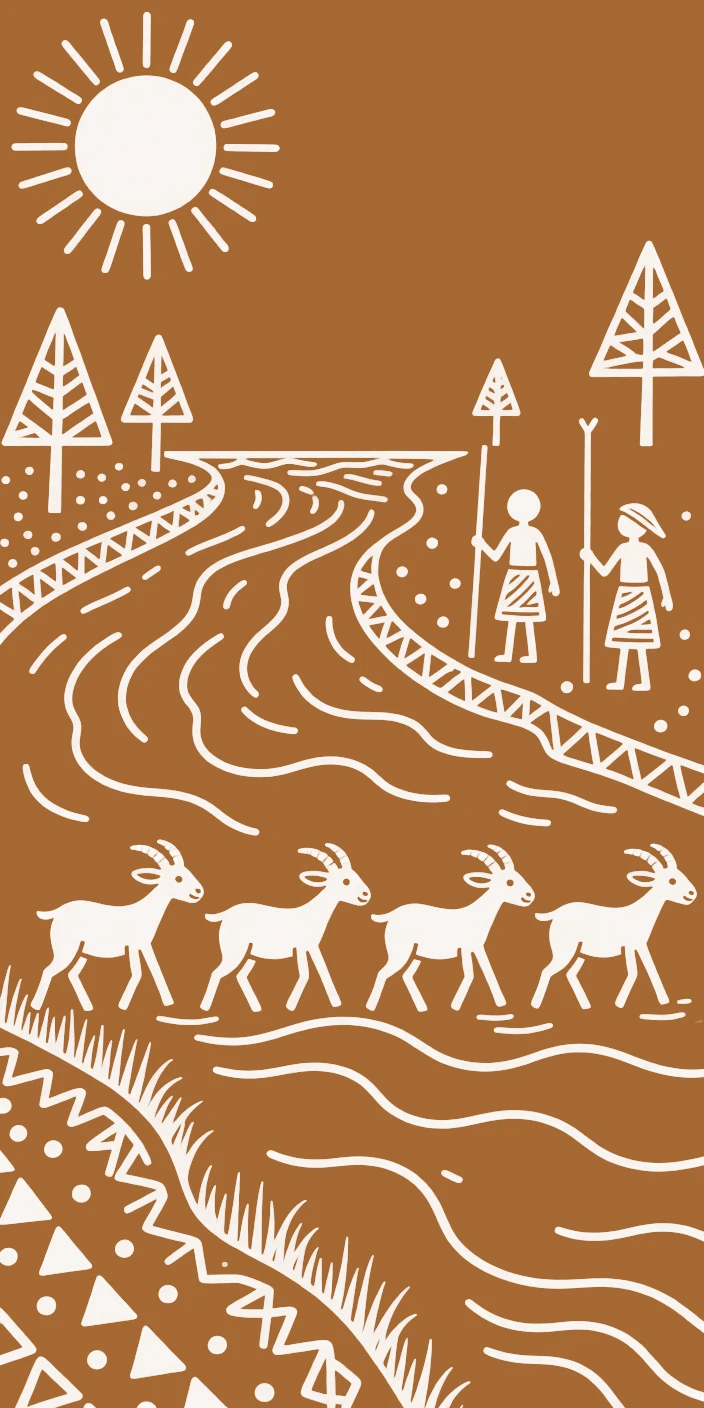 A group of goats crossing a wide river at dawn.