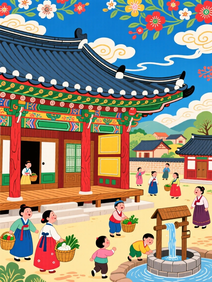 A view of a traditional wooden palace hall with curved eaves, as villagers go about their morning routines.