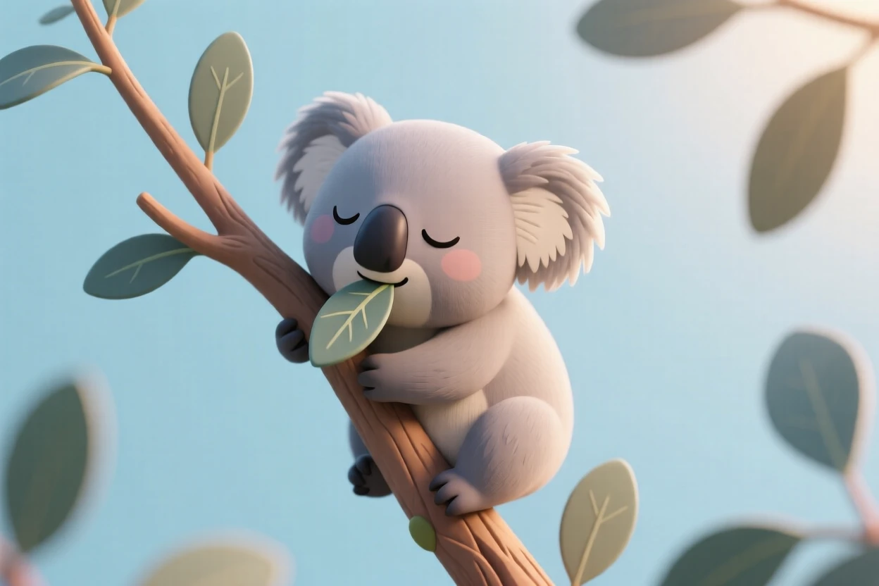 A sleepy koala clinging to a eucalyptus branch, chewing lazily on a leaf, with soft morning light filtering through the canopy.