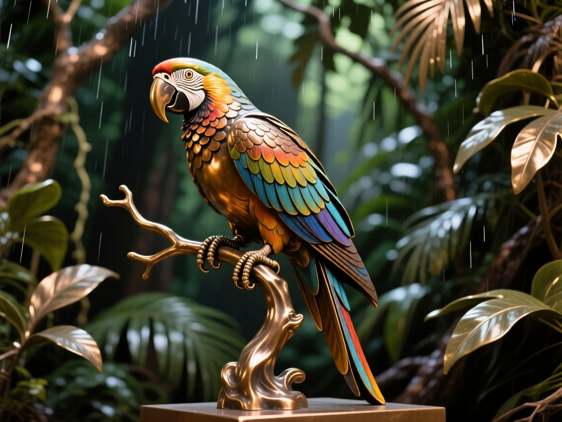 A colorful macaw perched in a rainforest canopy, bathed in warm, natural light, evoking wonder and majesty